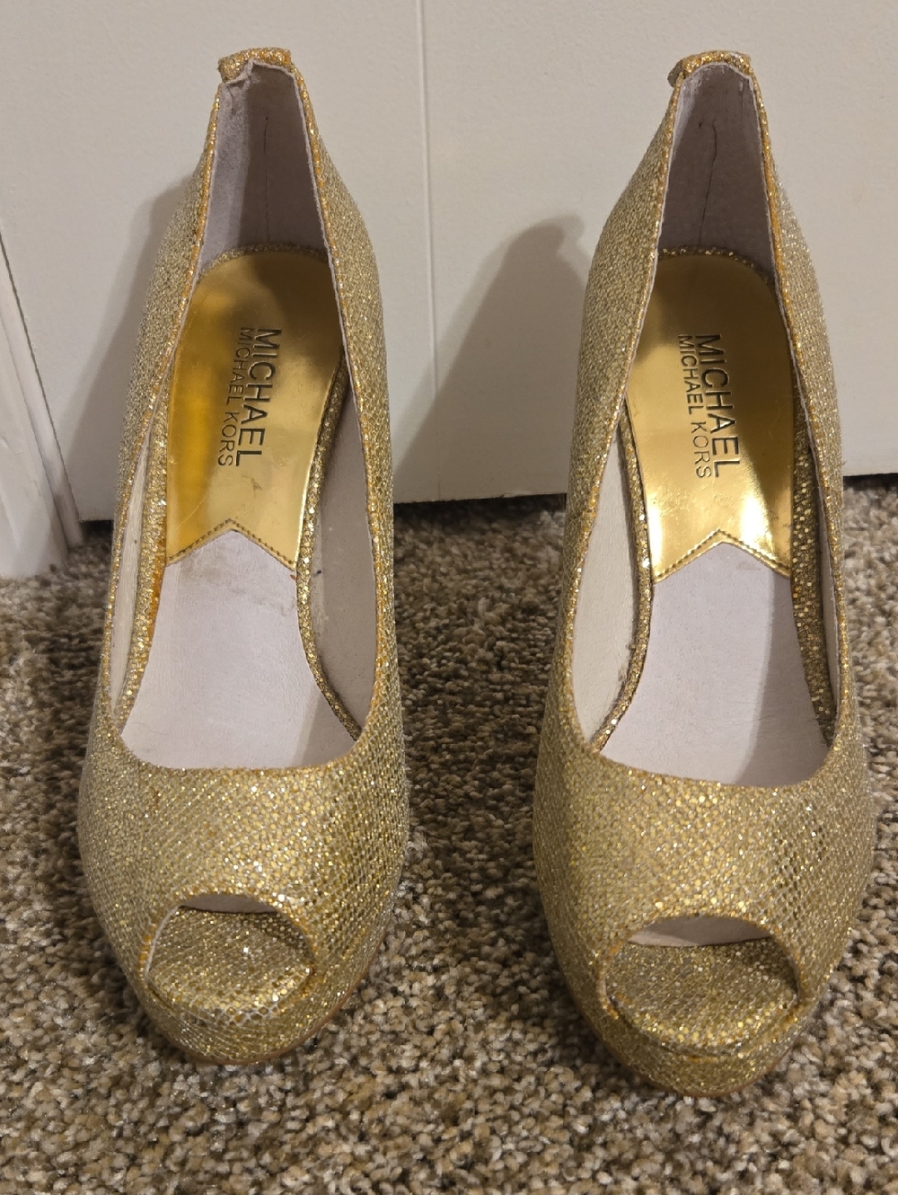 Michael Kors Gold Glitter Peep Toe Pumps